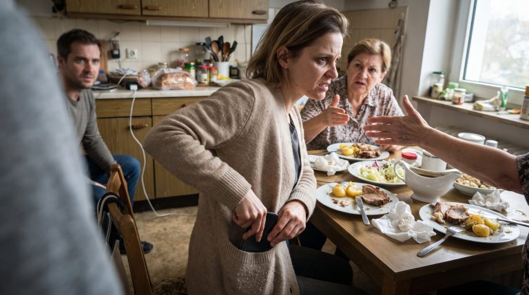 „Nenn mir einfach die Zahlen, ich tippe sie selbst ein! Warum klammerst du dich an das Ding, als wäre es ein Goldbarren?“ Claudia streckte empört den Arm quer über den Esstisch, Emilia steckt ihr Telefon in die Jackentasche und verweigert den Code